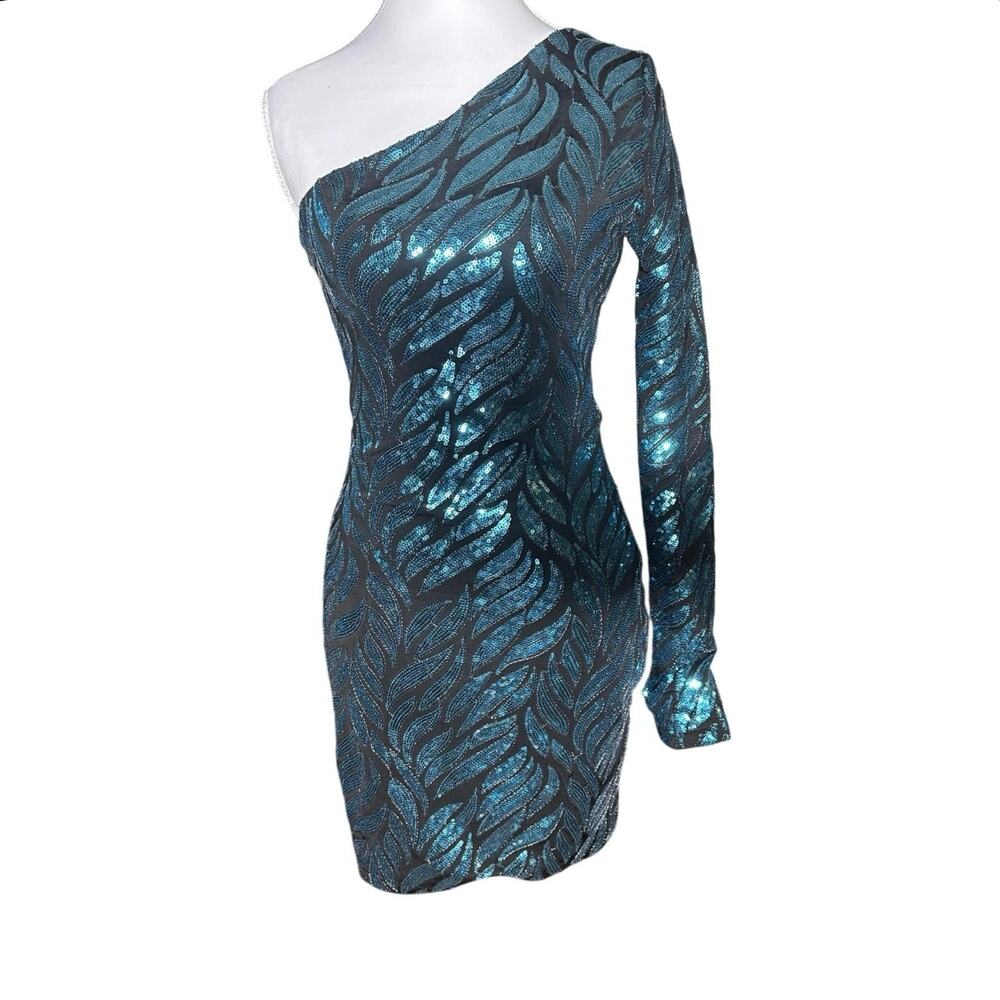 Ark & CO Forest Green Long Sleeve One Shoulder Sequin Small Holiday Party Dress